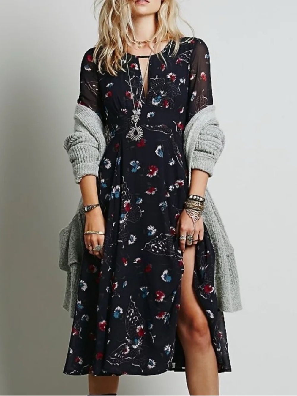 Floral Free People‎ Midi Dress with Keyhole Neck